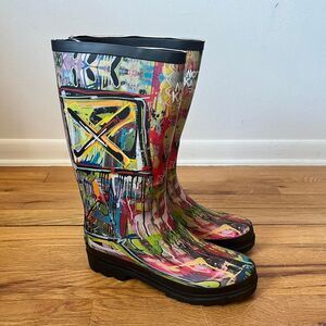 Womens Street Art Print Novelty Multicolor Mid Calf Rubber Rain Boots New 7